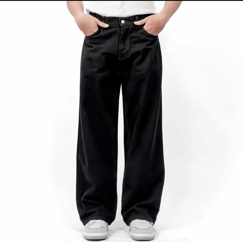 Celana Jeans Wide Leg Wisker Lebar Gombrong Skena Black Wisker pria loose Straight fit jumbo big keren Bahan Denim Nyaman Oversize Panjang Slim Santai Dark Casual Hitam 3