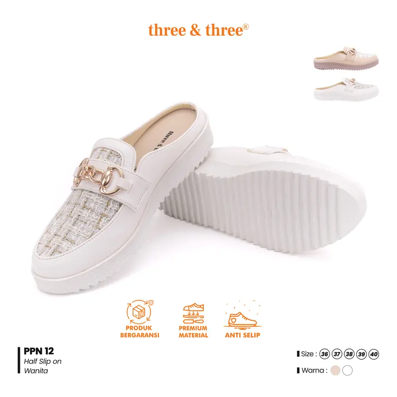 Sepatu Sandal Wanita Mules Flat Slip On Bustong THREE & THREE PPN 12 - Putih/Krim - Shoes 0