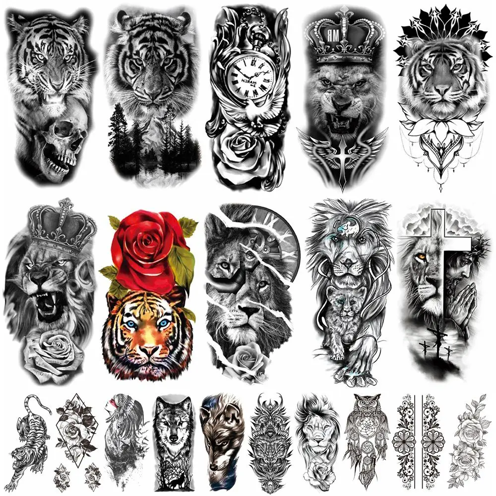 Rose Animals Large Tribal Lion Long-lasting Temporary Tattoos Black Tattoo Sticker Tattoo Sleeve Fake Tattoo Stickers