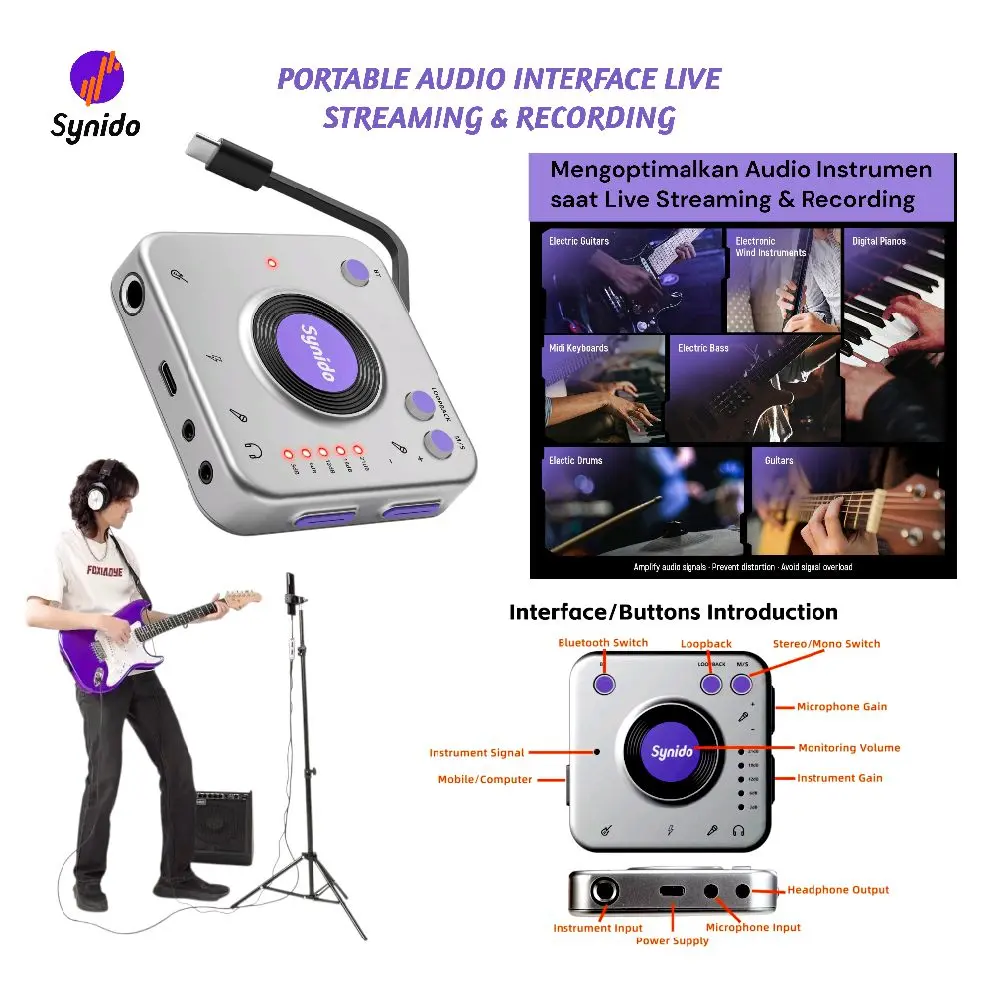 Synido Live Dock A20 Paket Lengkap Portable Sound Card Audio Interface Live Streaming & Recording Mengoptimalkan Audio Instrumen saat Live Streaming & Recording