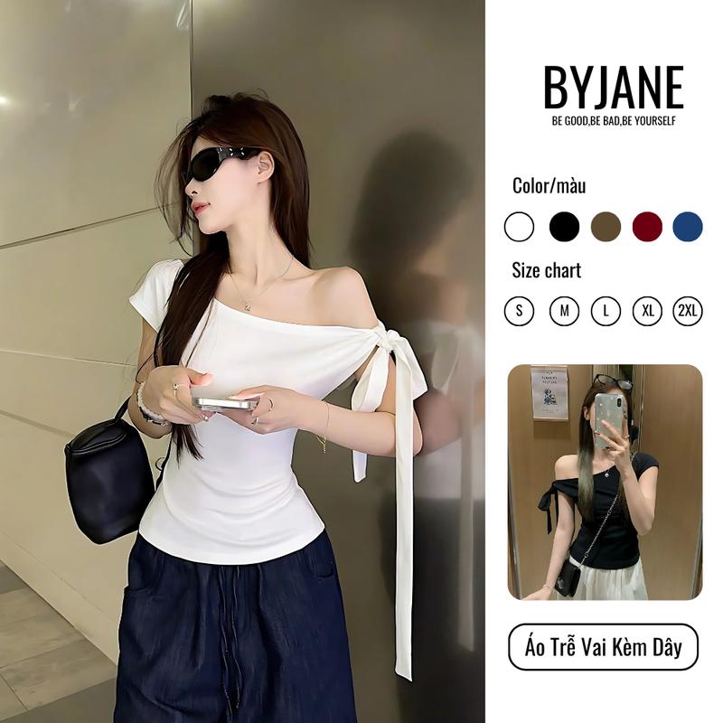 Áo Thun Nữ Trễ Vai Ôm Body Thắt Nơ Chất Cotton Mịn BYJANE - 666