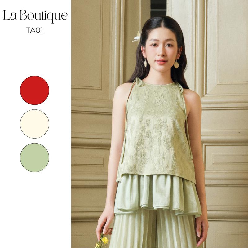 La Boutique - Áo Yếm Gấm Cột Nơ Viền Bèo BỘI SAM Và Quần Voan Tơ Dập Ly (Lớp Lót Satin) - Set Đồ Tết Nữ