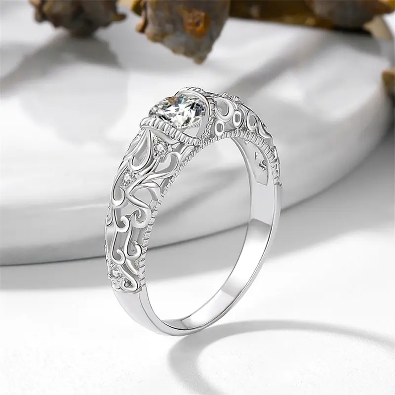 1 piece of elegant ring, hollowcarving design, round synthetic zircon, nickel-free,  classic engagement andwedding anniversary gift, comes with gift box 2