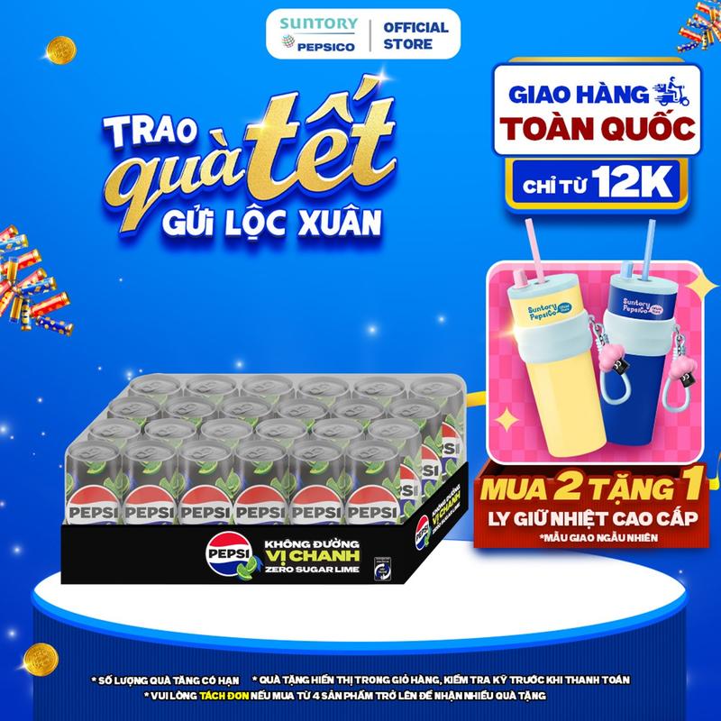  Thùng 24 Lon Nước Ngọt Giải Khát  Có Gaz Pepsi Vị Chanh Không Calo Không Đường  320ml lon  
