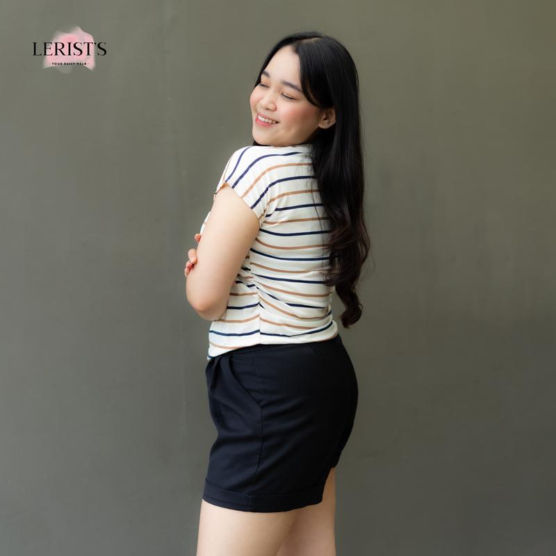 V-NECK CROP STRIPE KERUT- Top tee Garis salur Kaos Atasan basic Katun Leher V Wanita Cotton Combed 30s Premium Lerist T-Shirt Polos Baju Pendek 6