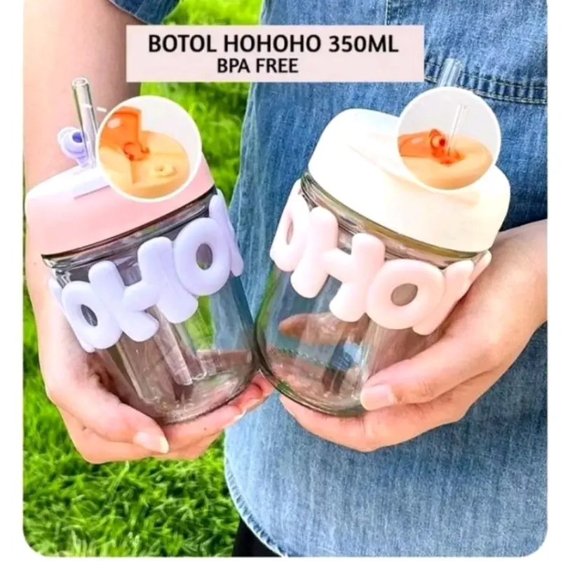 B ( B140 ) BOTOL MINUM KACA HOHO AESTETIC LUCU KAPASITAS 350 ML DENGAN SEDOTAN KACA Bottles Kitchenware Water 0