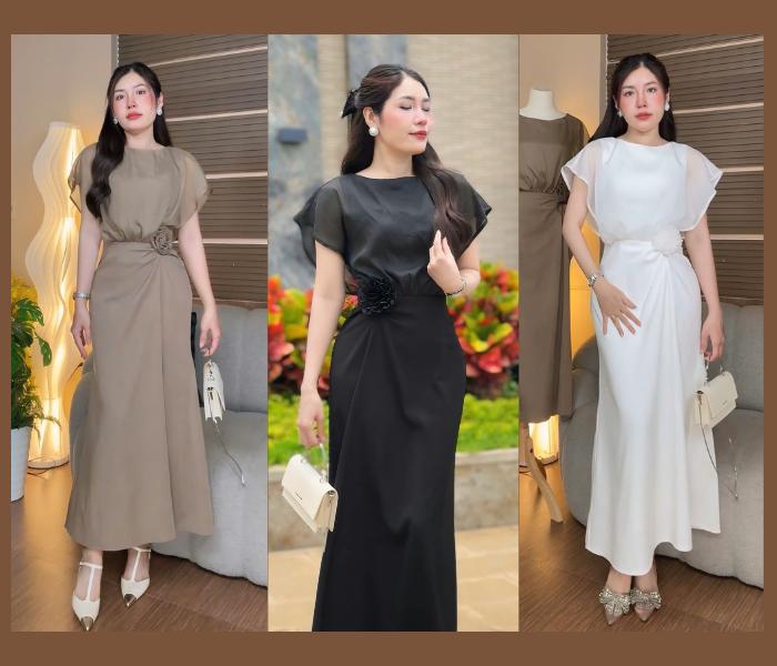 VIENY - Đầm Dự Tiệc Đơn Giản Mà Sang - Thiết kế Phối Tơ Chờm Vai Sang Trọng - Sẻ Tà Phía Sau Giúp Di Chuyển Dễ Dàng Hơn - Chất Vải Cotton Hàn Dày Đứng Form Phối Tơ Ánh Kim Sang Trọng - Phù Hợp Dự Tiệc