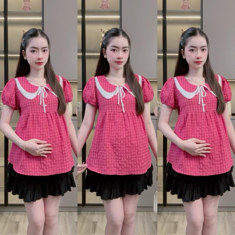 Áo Bầu Babydoll Caro Cổ Nơ Dáng Xoè Che Bụng Khéo Phù Hợp Đi Làm Và Đi Chơi