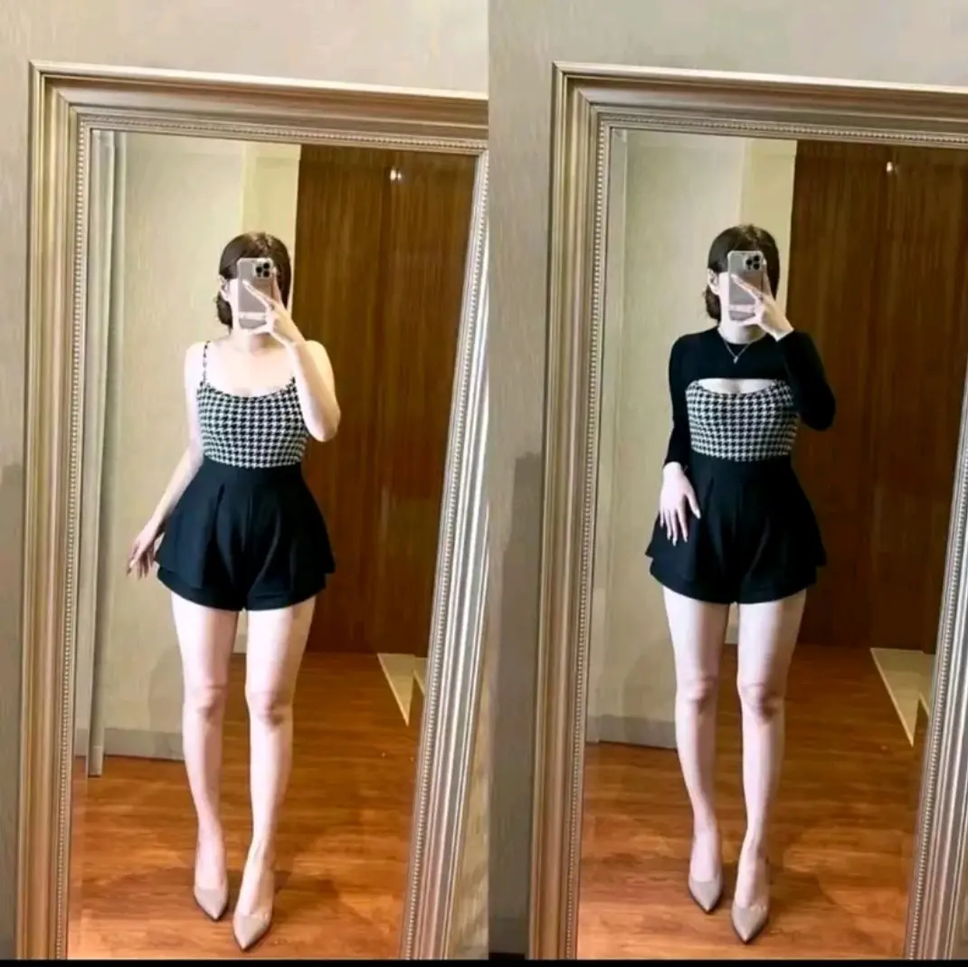 atasan tanktop+outer lengan panjang terpisah bahan cotton strach melar lembut Hitam Wanita