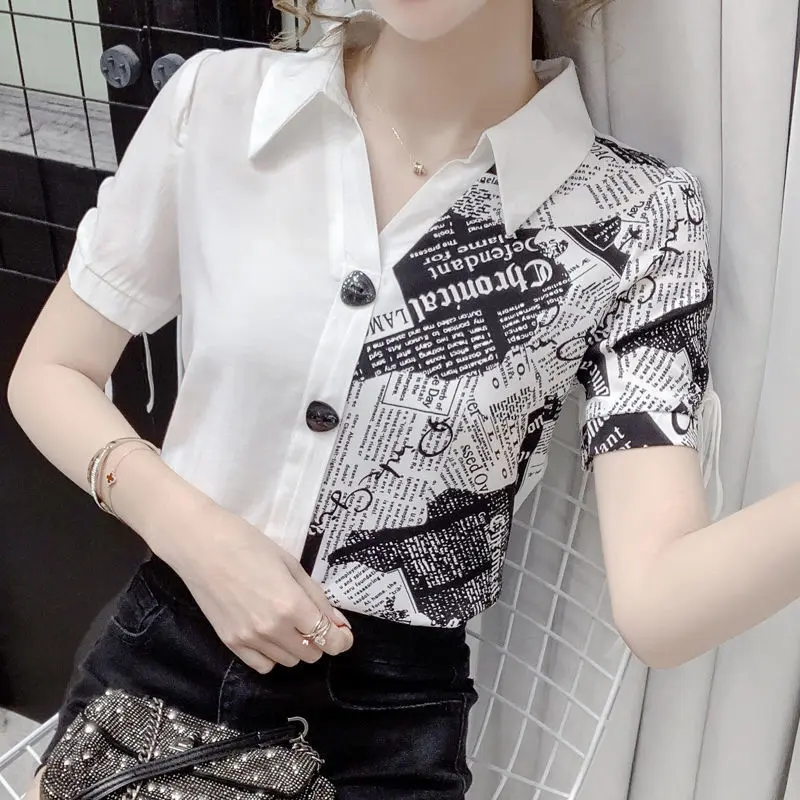 Áo Sơ Mi Voan Khâu Tương Phản Cho Nữ, Áo Ngắn Tay Thiết Kế Bất Đối Xứng, Dáng Ôm, Thanh Lịch, Thời Trang, Phong Cách Mới, Mùa Hè