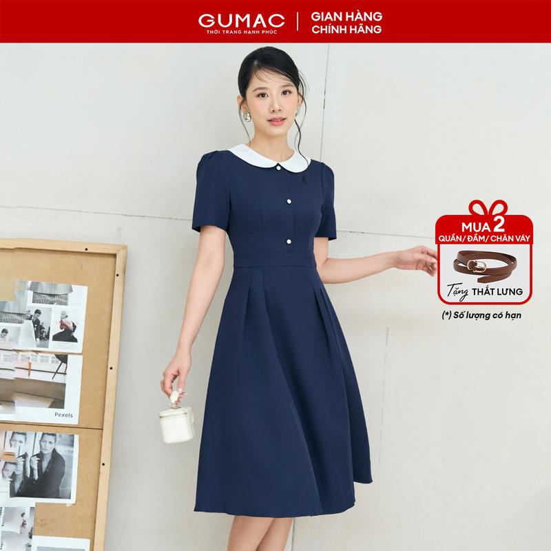   MUA 2 TẶNG THẮT LƯNG  Đầm nữ dáng A xòe xanh đen thiết kế cổ bâu trắng có túi công sở đi chơi thời trang GUMAC LDE0821 