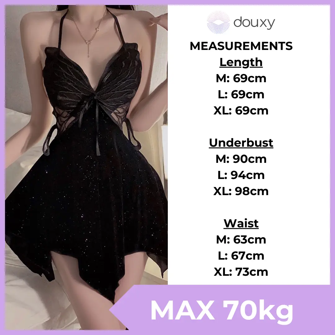 Baju Tidur Wanita [MAX 70kg] Ready Stock Dress Lingerie Soft Velvet Glitter Butterfly Nightwear For Women Douxy Official Midnight Mistress Dark Fabric Satin Black Red
