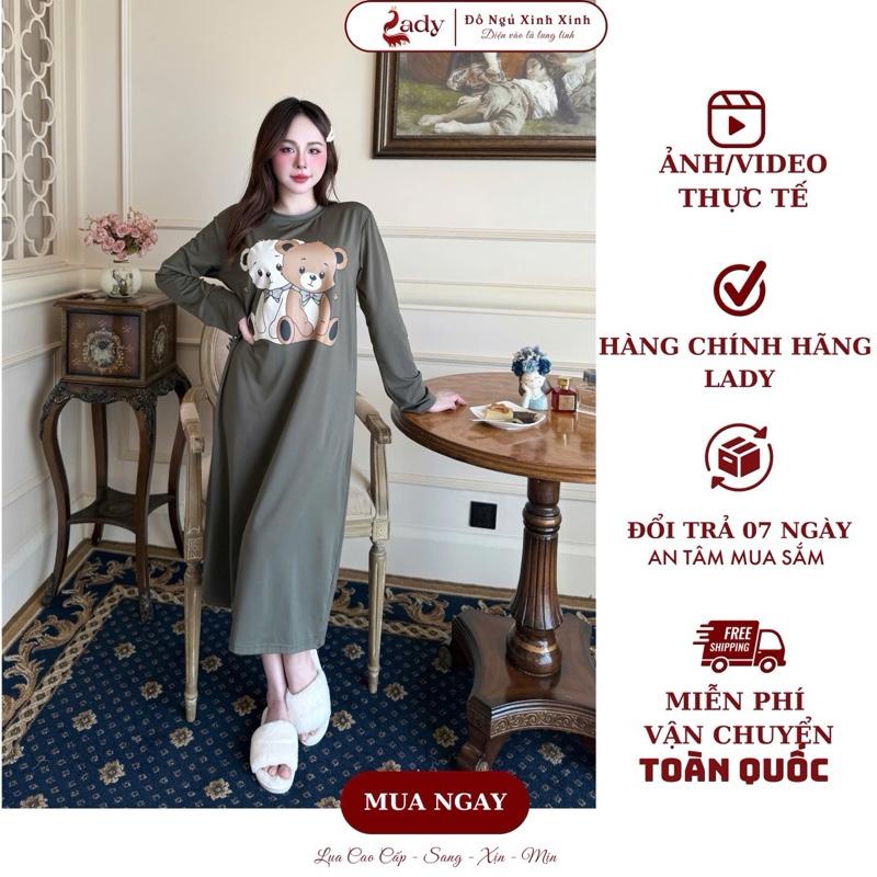 Đầm Ngủ Thun Cotton In Hình – Tay Dài Cổ Tròn Dáng Suông Nhà Lady
