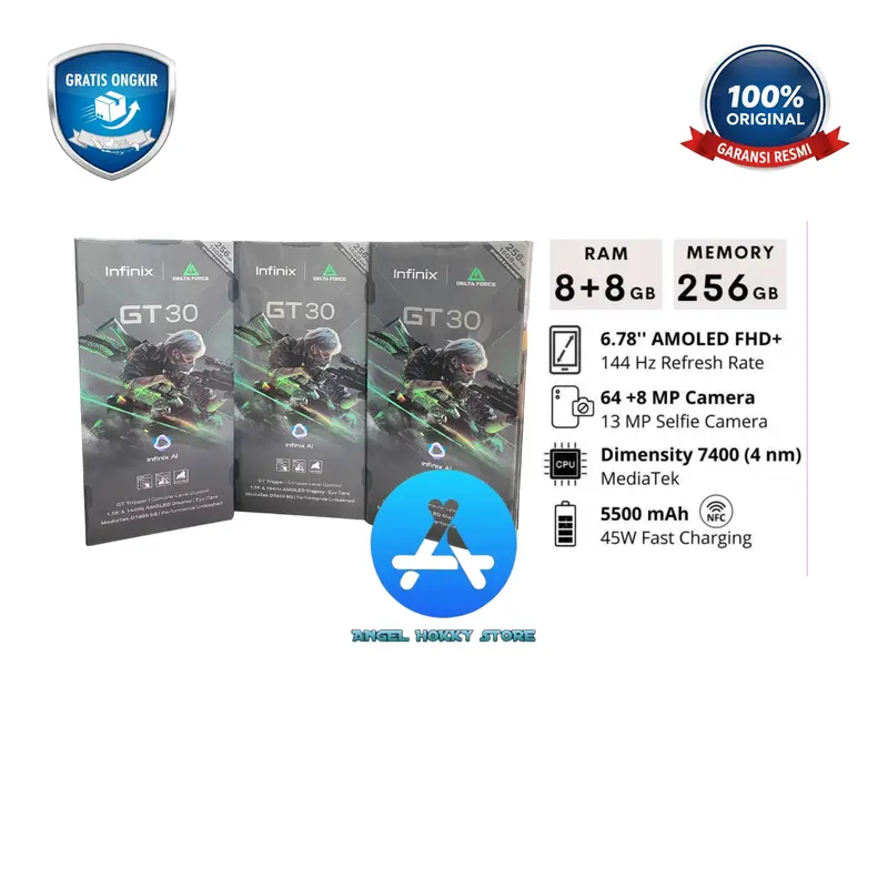 Infinix GT 30 5G RAM 8/256GB Original Garansi Resmi Prosesor MediaTek Dimensity 7400 5G Layar 6.78 inci AMOLED 144Hz Kamera 64MP Baterai 5500 mAh Fast Charging 45W