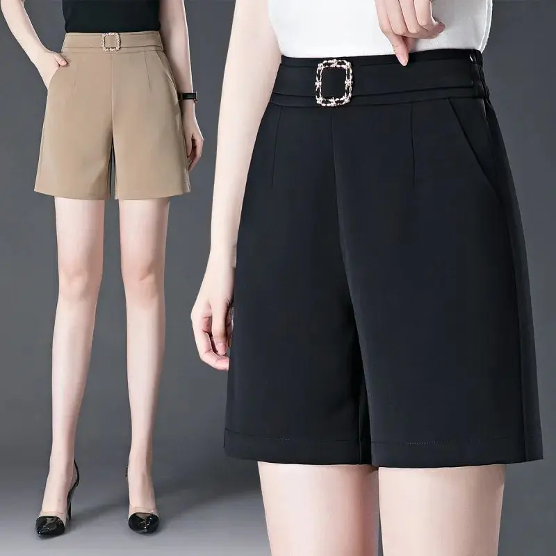 Ice Silk Shorts for Women 2023 Summer New High Waist Slim and Simple Fashion Versatile Casual Wide Leg Capris for External Wear