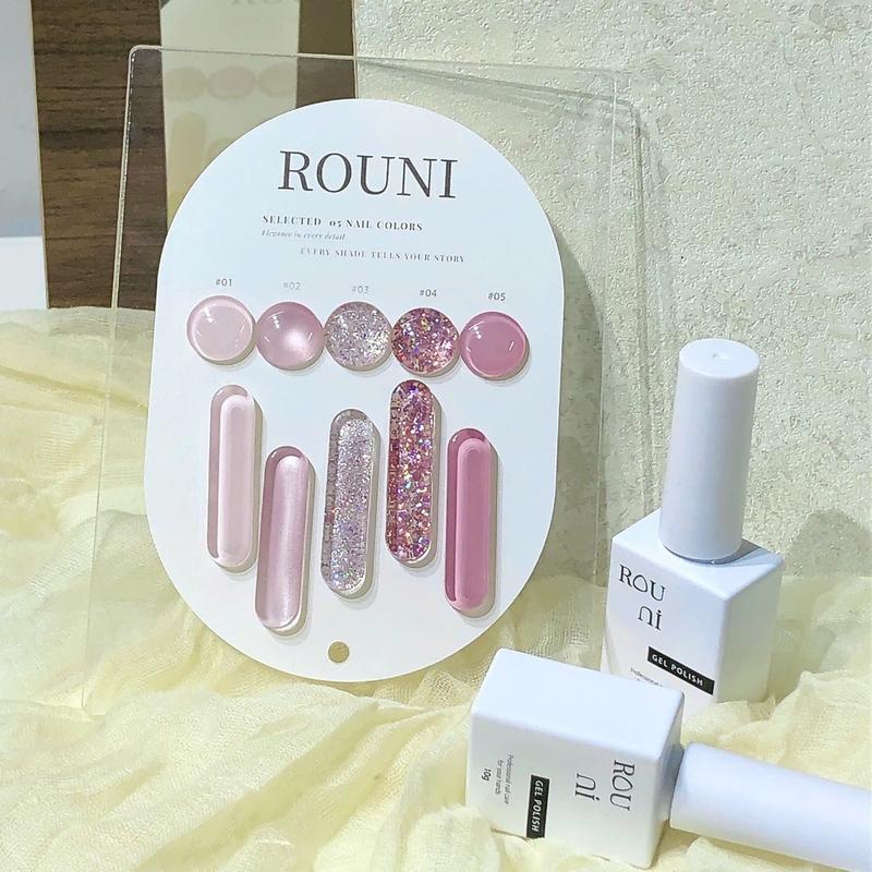  Set sơn Rouni 5 màu tone hồng với sự kết hợp của mắt mèo và nhũ hạt to màu sắc thịnh hành tôn da từ màu thường nâng cấp lên nhũ siêu sáng chuyên dùng cho tiệm nail 