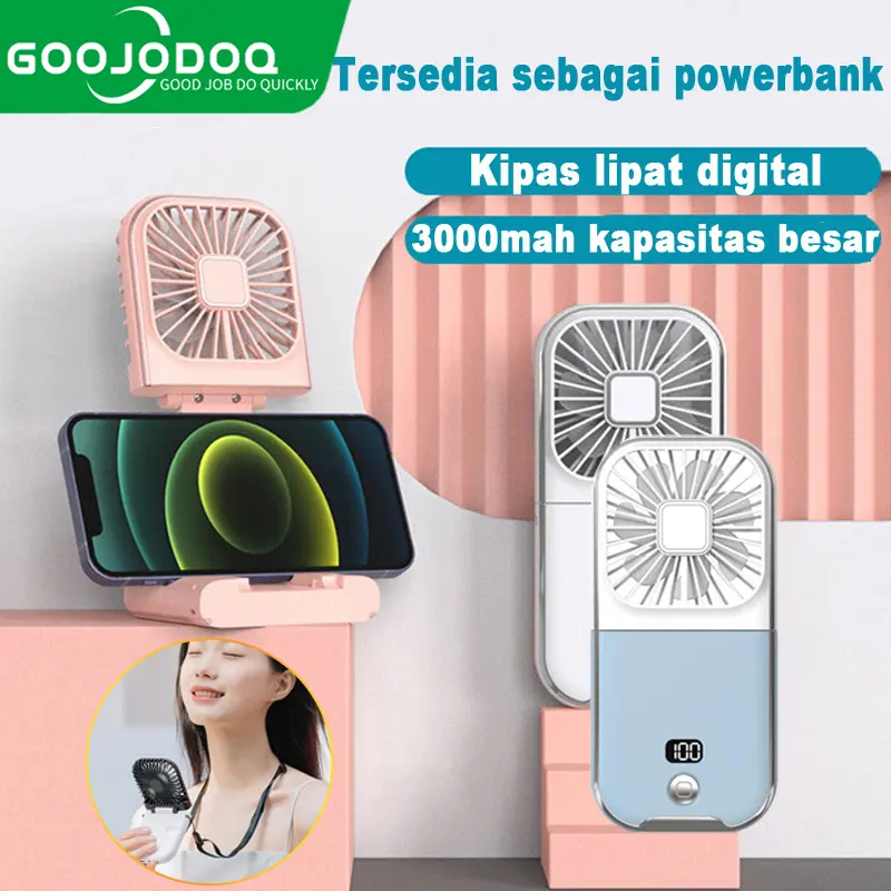 Goojodoq Kipas Angin Portable Mini USB Lipat Dudukan Ponsel /3 in1 Kipas Genggam Mini Lipat Kipas Angin /Power Bank 3000mAh /Pemegang Ponsel /Listrik Senyap Portabel USB 3 Gear 0
