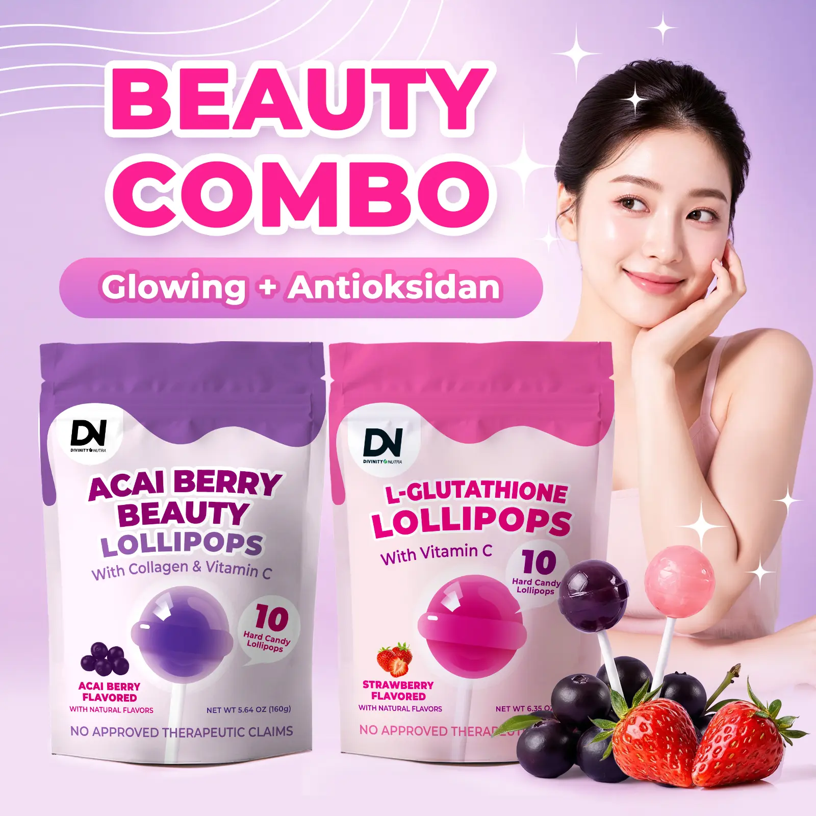 DN Glowing Beauty Lollipop Combo Acai Berry & Glutathione Strawberry | Mengandung Collagen, Vitamin C & Antioksidan | 2 Rasa Favorit, Mulai 12 Tahun hingga Dewasa,Hadiah untuk Wanita / Hadiah Istri,COD |  HALAL  |Divinity Nutra