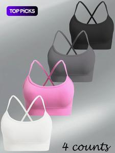 Sujetador deportivo de color sólido para mujer, cruzado, de alta elasticidad, cómodo y transpirable, sin varillas, sin espalda, lencería deportiva, top para uso interior y exterior