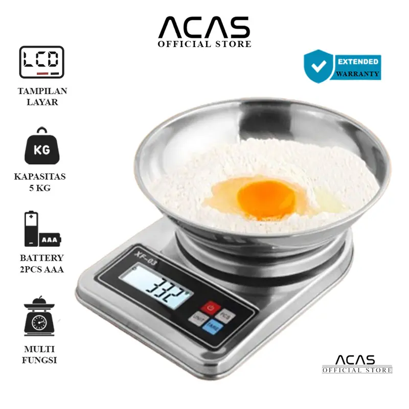 ACAS QZ - Stainless Timbangan Dapur Digital Elektronik  Kapasitas 5 Kg / 1 Gram Electronic Kitchen Scale Stainless Steel Timbang Kue Kopi Tepung Bumbu Makanan Masak Mangkok 5kg / 1gr 0