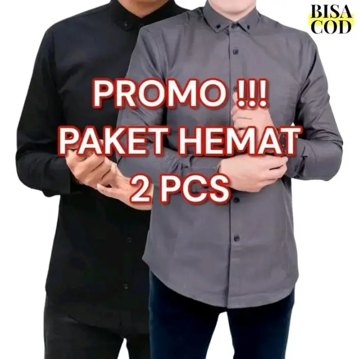 Paket 2 Pcs Kemeja Polos Lengan Panjang Catun Casual Slimfit  Baju Dinas Kantor  Kancing Kerah Simple Standar Putih Navy Nyaman Variasi Santai Pria Kerja Hitam Basic
