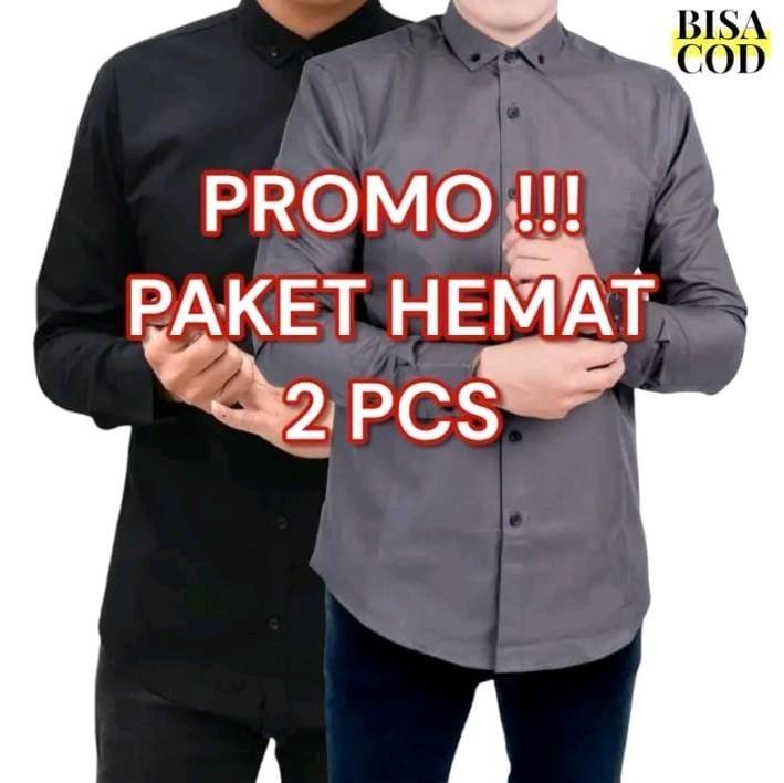 Paket 2 Pcs Kemeja Polos Lengan Panjang Catun Casual Slimfit  Baju Dinas Kantor  Kancing Kerah Simple Standar Putih Navy Nyaman Variasi Santai Pria Kerja Hitam Basic 0