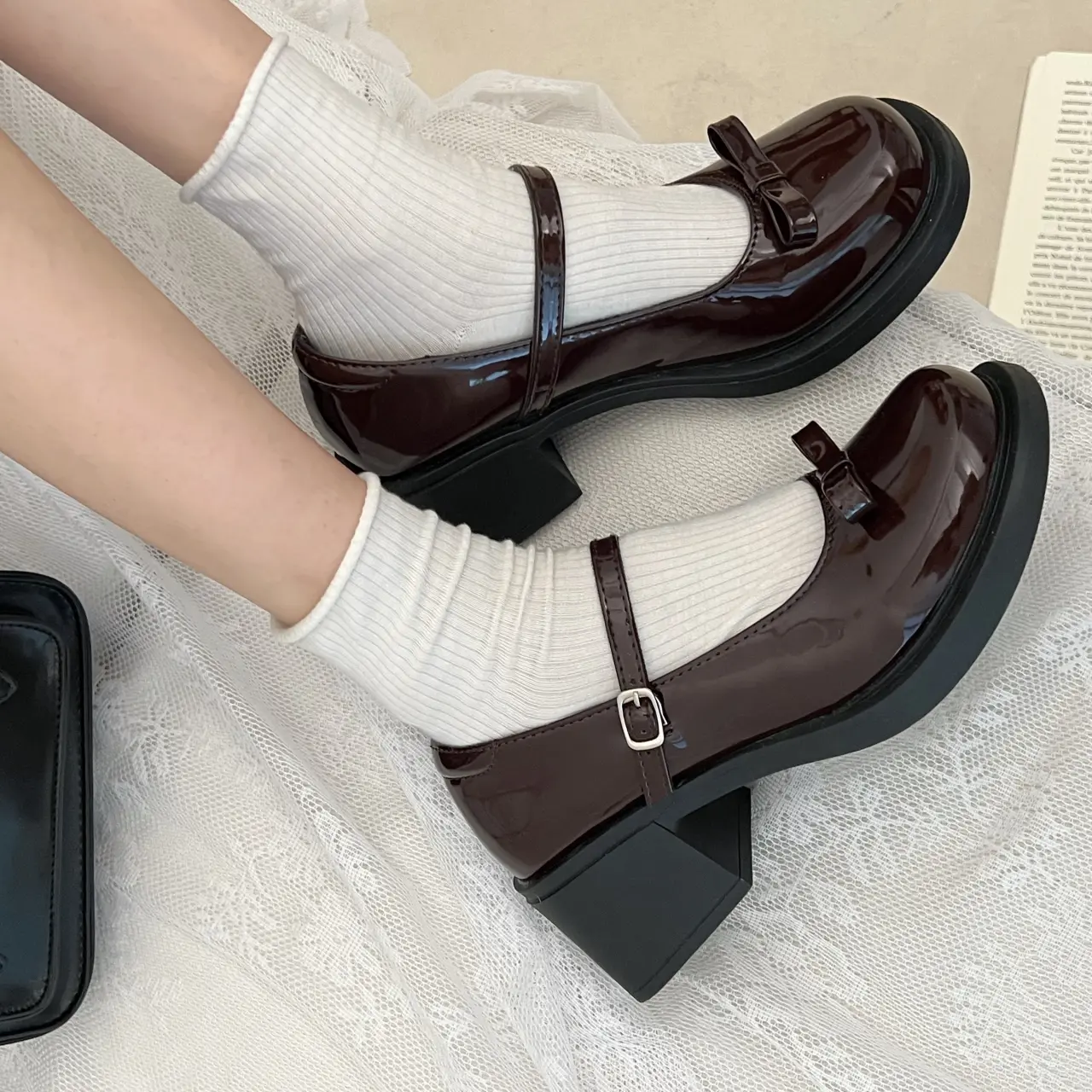 Sepatu Hak Tahu Tinggi 5cm High Block Heels Wanita Mary Jane Tali Import Pesta Hitam Korea Murah Premium Simple Kekinian Terbaru Kerja Wisuda Casual Ladies Strappy Chunky Heel Platform Pump Shoes - Ukuran 35 36 37 38 39 40
