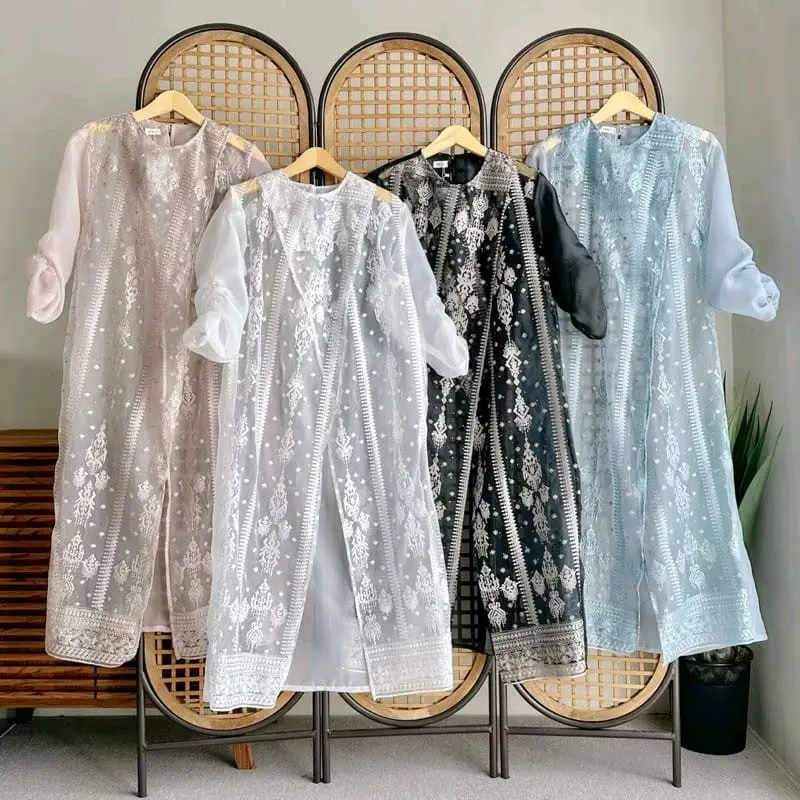 OUTER KARDIGAN AMEEZA PANJANG -+128cm BAJU KONDANGAN BAHAN ORGANZA MIX TILLE ETNIK SAPTO Motif Muslim Cardigan Kancing