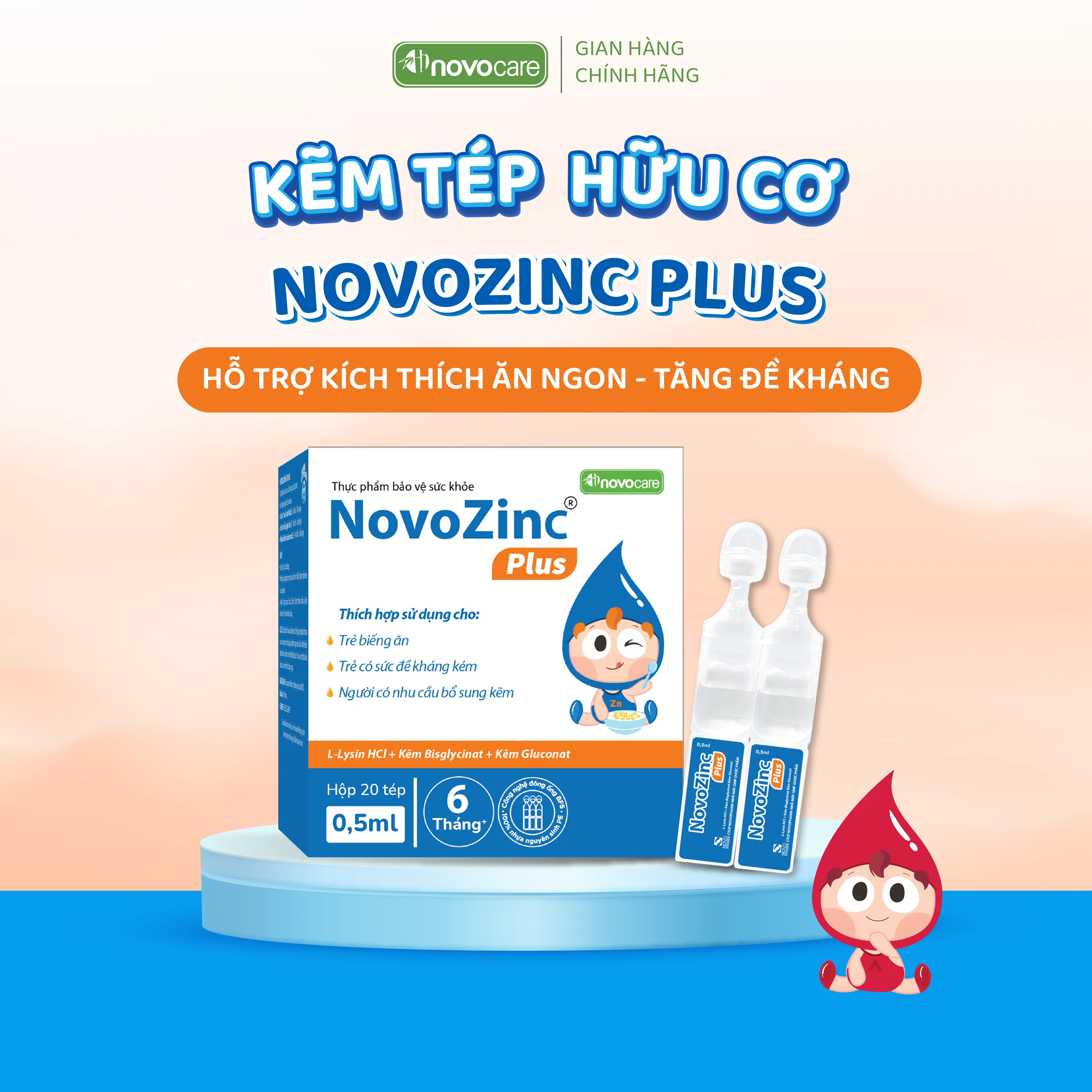Kẽm tép Novocare Novozinc Plus bổ sung Kẽm hữu cơ & Lysin cho bé biếng ăn, hỗ trợ tăng đề kháng, thơm ngon
