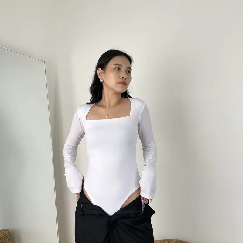 Lassmee | MINJI Baju Atasan Wanita Long Sleeve Leher Kotak / Bodysuit Basic Polos Lengan Panjang Leher Kotak / Kaos Jersey Spandex Square Neck 3