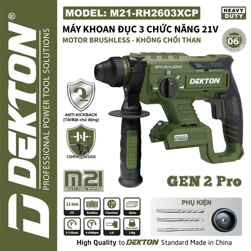 Máy Khoan Đục 3 Chức Năng Dekton / M21-RH2603XCP / Phiên Bản Olive / Anti-kickback / Brushless/ 2.6J / Chân Phổ Thông MKT