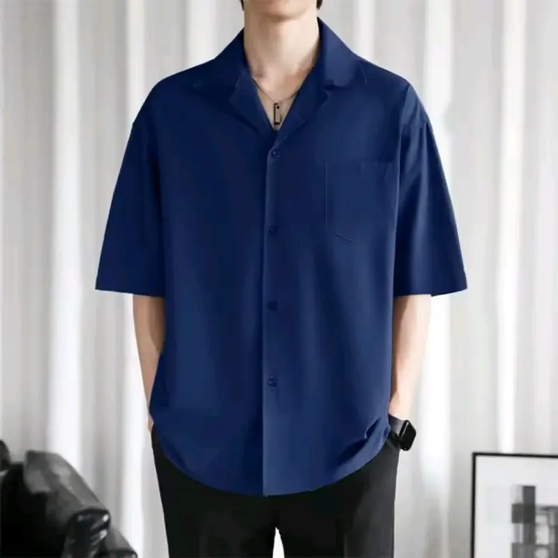 Baju Kemeja Pria Lengan Pendek Vintage Distro Katun Casual Dewasa Atasan Formal Kantong Kerah Nyaman Panjang Santai Hitam Lembut Basic Navy 5