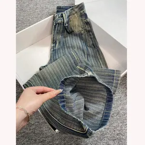 【Luck wanita】Celana Jeans Pinggang Tinggi Longgar Bergaris Gaya Korea Wanita