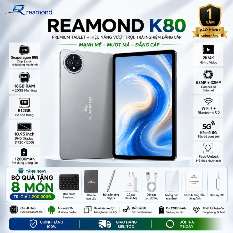 Máy Tính Bảng REAMOND K80 T615 Android 15 RAM 16GB+20GB ROM 512GB Pin 12000mAh WiFi 7 5G Tặng Kèm Phụ Kiện