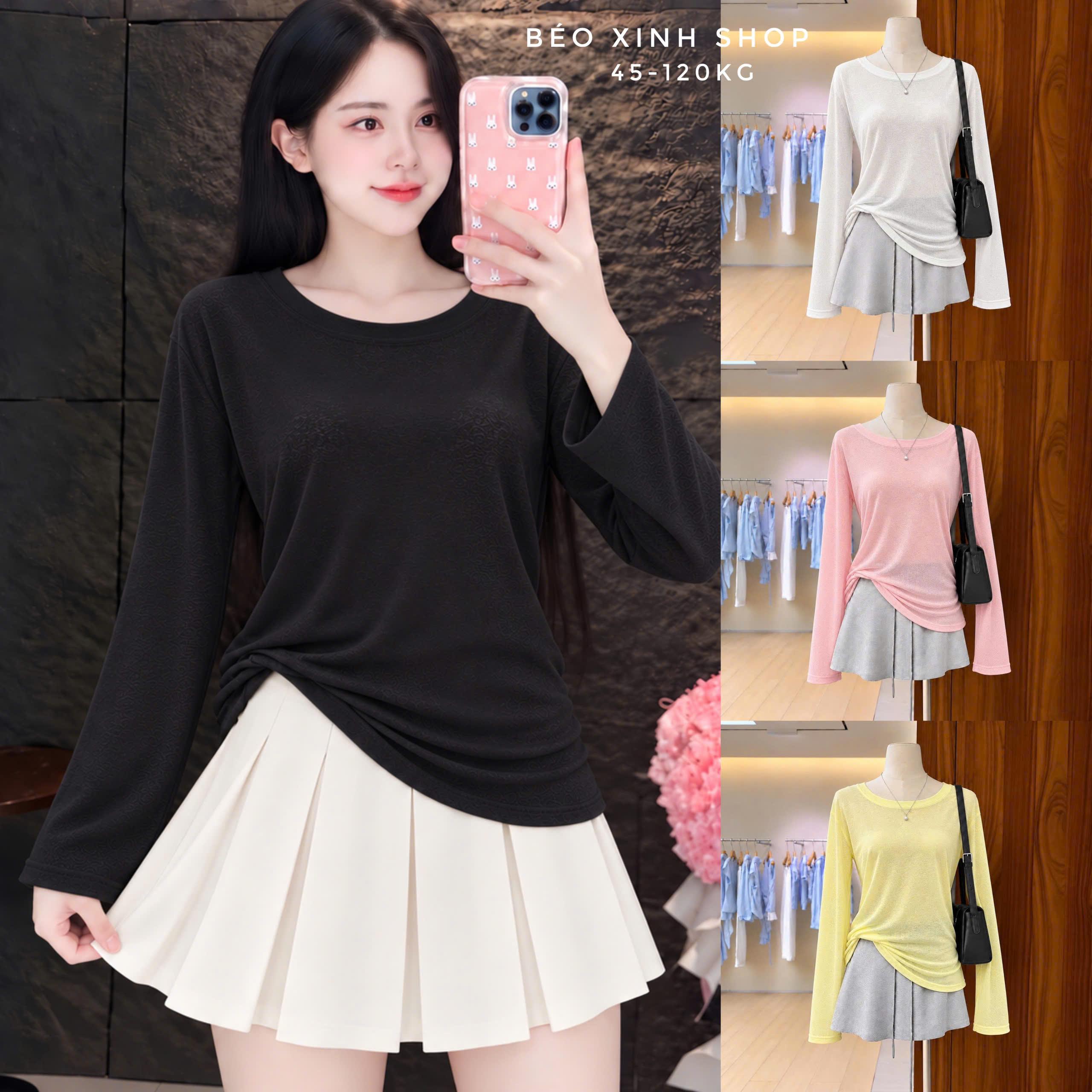 Áo Bigsize Nữ Thun Giấy Mỏng Form Suông Rộng Tay Dài 4 Size 45–120kg Béo Xinh Shop - A.1909