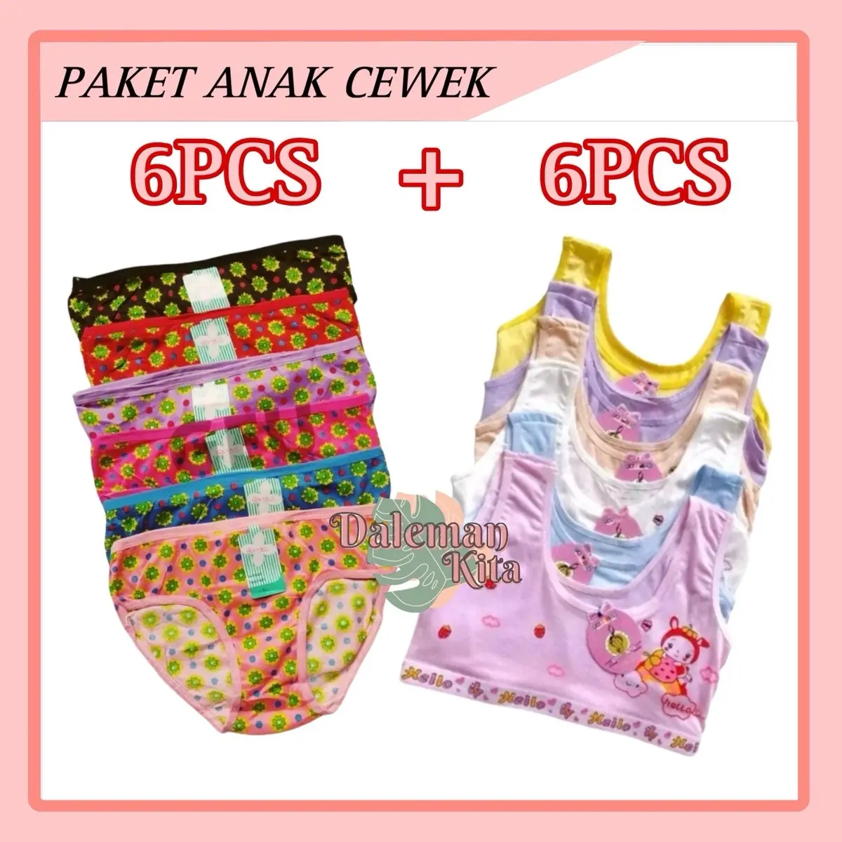 PAKET set daleman anak remaja perempuan 6pcs miniset + 6pcs CD motif | setelan daleman anak perempuan Fashion