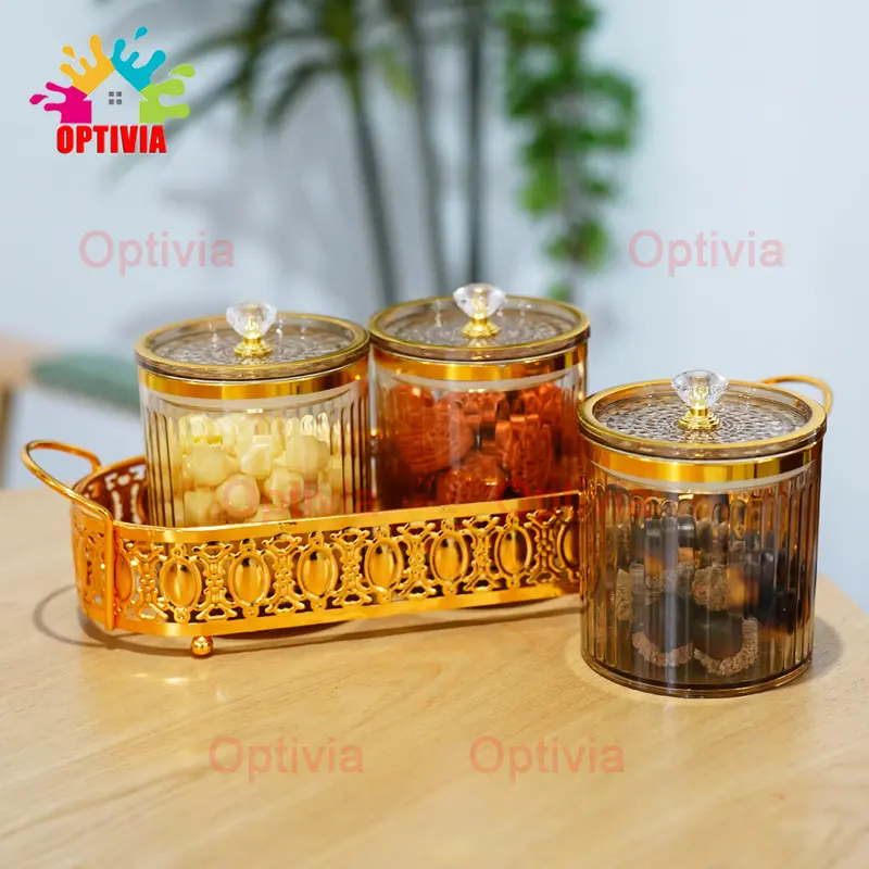 OPTIVIA Emas Snack Tray Kue Storage Jar Snack Bowl Tempat Saji Snack Cemilan Kotak Makanan Toples Lebaran Set Nampan Topless 2