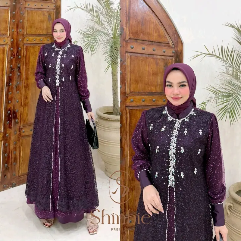 Gamis outer brokat tile payet ukuran jumbo terbaru 0