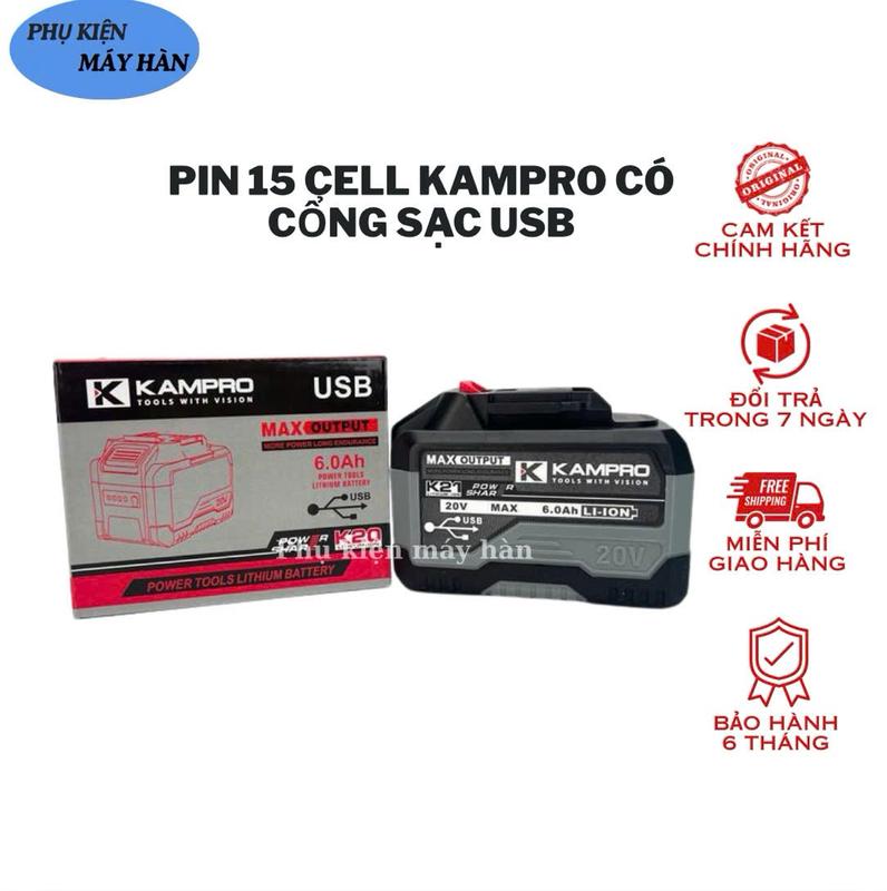 LIVE P15 Cell KAMPRO Có Cổng USB – 6.0Ah | Lithium-ion Dung Lượng Cao Tương Thích Máy Khoan – Máy Siết Chân pin phổ thông