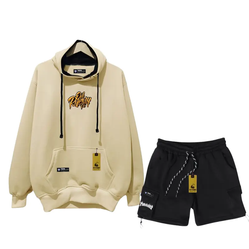 Oneset Hoodie Celana Pendek Pria Wanita Distro Stelan Sweater Celana Cargo Bahan Flece Brend Puster Apparel Size M L XL XXL Dewasa Hitam Setelan Polos Unisex Katun Crewneck 2