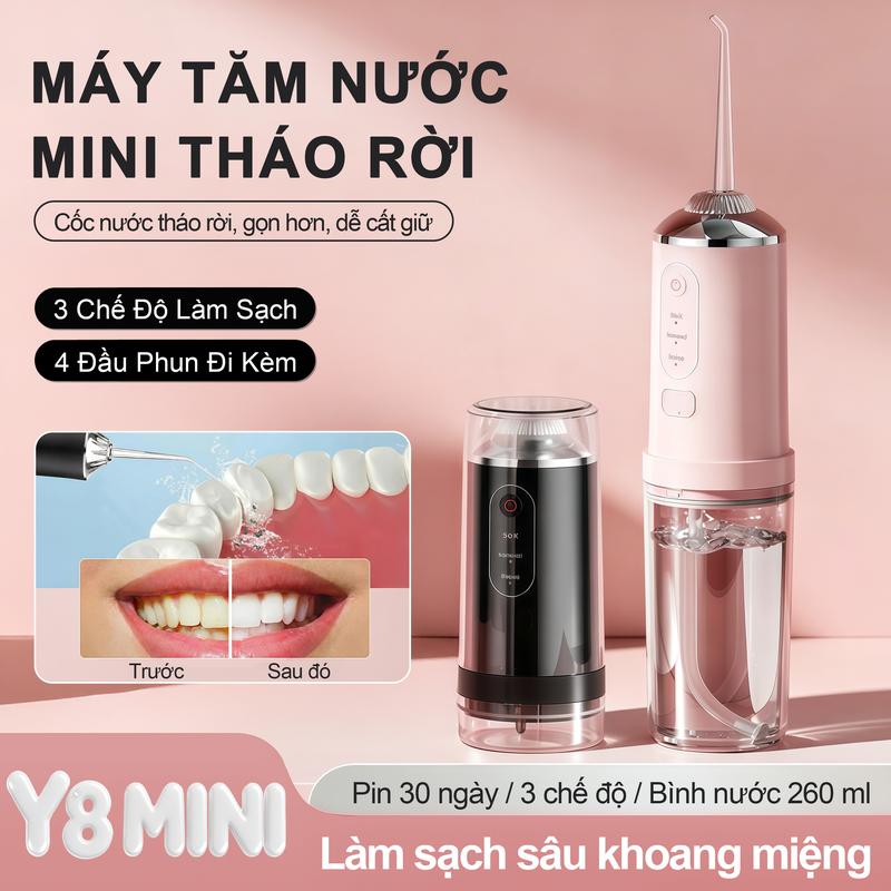 KY Y8 MINI Máy Tăm Nước Mini Cầm Tay Tháo Rời Tiện Lợi, Làm Sạch Khoang Miệng Hiệu Quả, Ngăn Ngừa Các Vấn Đề Về Nướu; 3 Chế Độ Làm Sạch, 4 Loại Đầu Vòi Phun Tùy Chỉnh, Phù Hợp Với Nhiều Đối Tượng, Bình Chứa Nước Lớn, Thời Lượng Pin Cực Dài.