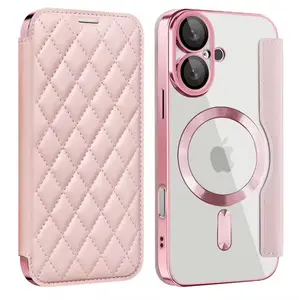 Flip Cover Magsafe iPhone 11 12 13 14 15 Pro dan Pro Max Flip Cover Magsafe Electroplated Magnetic Leather Wallet