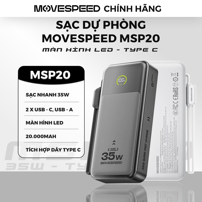 Pin Sạc Dự Phòng MoveSpeed MSP19 MSP20 10.000 - 20.000mAh 35W Sạc Nhanh PD - Màn Hình LED, Tích Hợp Cáp Type-C