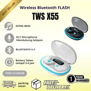 GLORIA-X55 TWS Headset Bluetooth Earphone Earbud Nirkabel Tak Terlihat dengan Layar LED Hi-Fi Quality Extra Bass Pengurang Kebisingan Kait Telinga Bluetooth 5.3 Type-C Carger Wireless