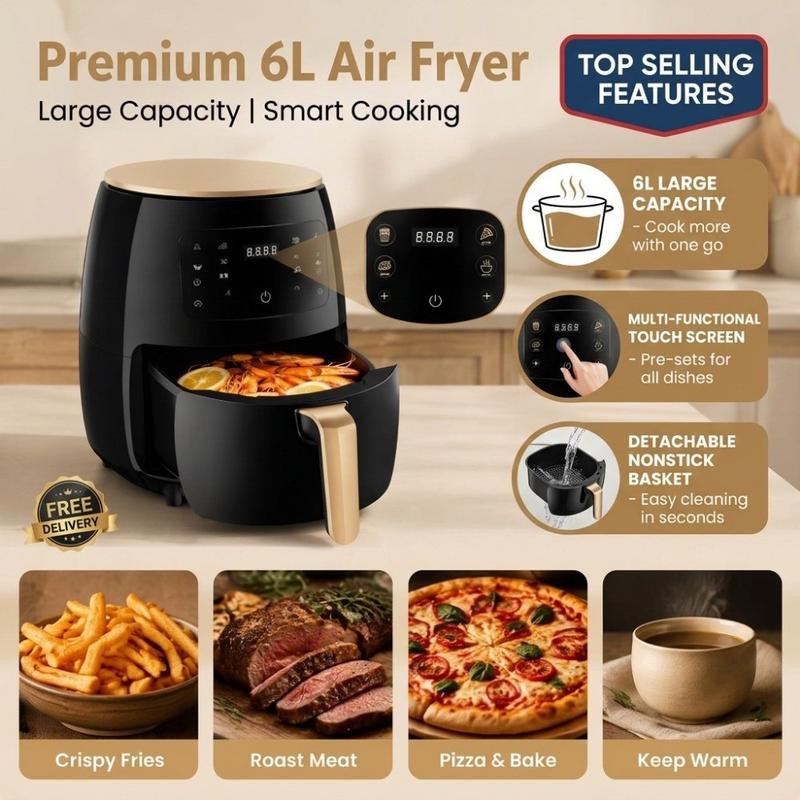 Thông minh 6L Nồi chiên không dầu Đa chức năng Chống dính Nồi chiên điện Có thể điều chỉnh nhiệt độ. Màn hình cảm ứng Máy nướng không dầu kỹ thuật số Hộ gia đình