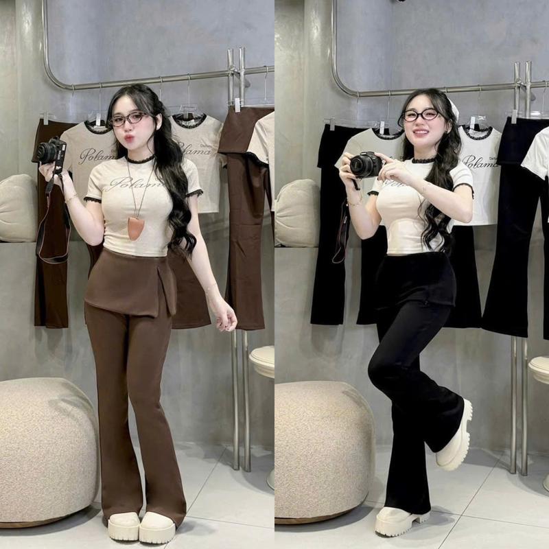 S916 (TÁO ĐỎ BIGSIZE 55-90KG) SET 2 MÓN BIGSIZE ÁO THUN ÔM BODY + QUẦN LOE KIỂU VẠT XẺ