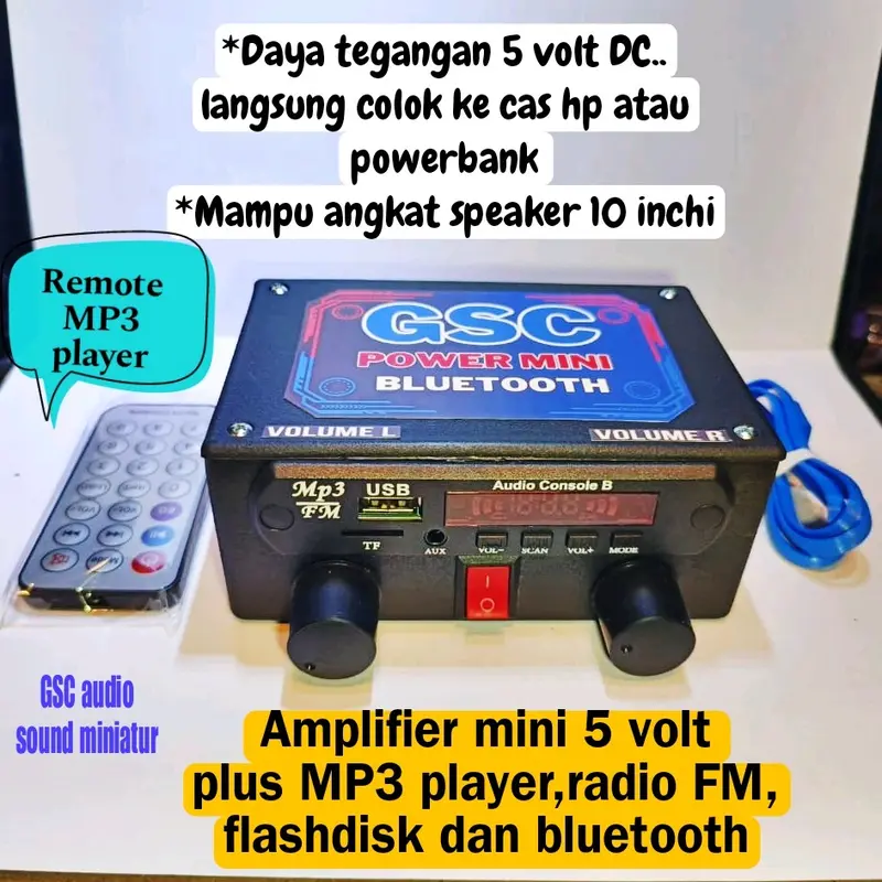 Amplifier mini 5 volt stereo fitur lengkap + MP3 Player, Bluetooth, Radio FM,Flashdisk dan Remote Subwoofer Bass 0
