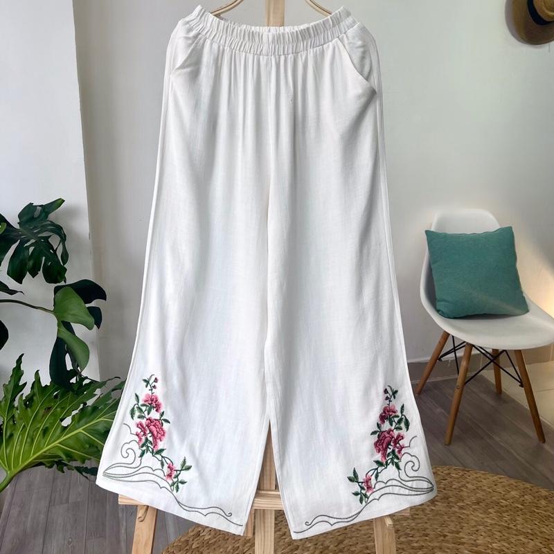 QUẦN LINEN BAMBO NỮ THÊU HOA FORM RỘNG SANG TRỌNG & THANH LỊCH - VẢI LINEN BAMBO ĐÃ QUA XỬ LÝ