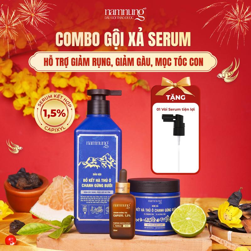   FLASH SALE  Dầu gội thảo dược bồ kết NamNung 500ml và dầu xả thảo dược 200gr kèm serum thảo dược Capixyl 1.5% hỗ trợ mọc tóc giảm rụng Chăm sóc tóc Dưỡng tóc nữ - Giảm 39% 