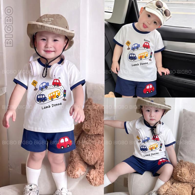 Sét Bộ Quần Áo Trẻ Em Form Rộng, In Hoạt Hình Ô Tô, Chất Cotton Co Giãn 4 Chiều, Thấm Hút Mồ Hôi Cho Bé Mặc Hè 8-18kg